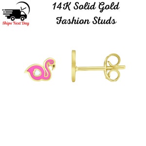 14K Gelbgold Emaille Ohrstecker, Flamingo Ohrstecker, Kleinkind Ohrringe, hypoallergen, kleine Mädchen, Kinder Ohrringe