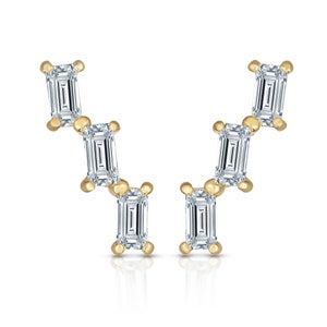 14K Solid Yellow Gold Dainty Bagutte Ear Climber Stud Earrings, Round Ear Climber, CZ Ear Climber, Gold Statement Earring, Gift For Her