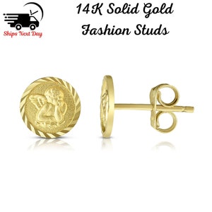 14K Solid Yellow Gold Angel Stud Earrings, Angel Earrings, Luck, Miraculous Earrings, Catholic Jewelry, Gold Coin Jewelry, Protection Studs
