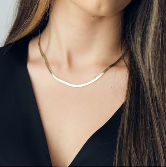 Yellow Flat Herringbone Gold Chain Necklace