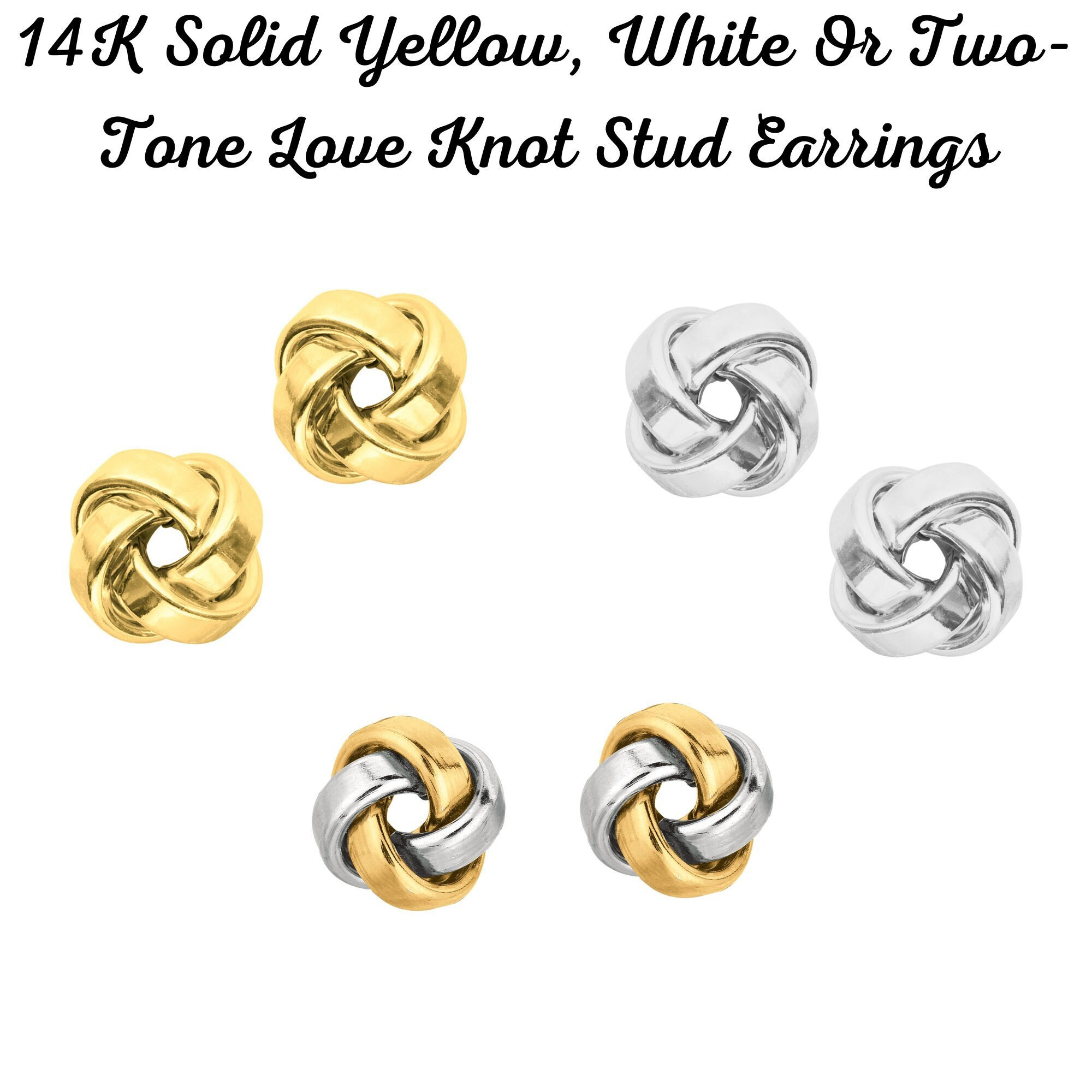 14K Solid Gold Italian Love Knot Stud Earrings, 10mm, Dainty Trendy Earrings, Knot Studs, Yellow Gold, White Gold, Two-Tone, Love Knots