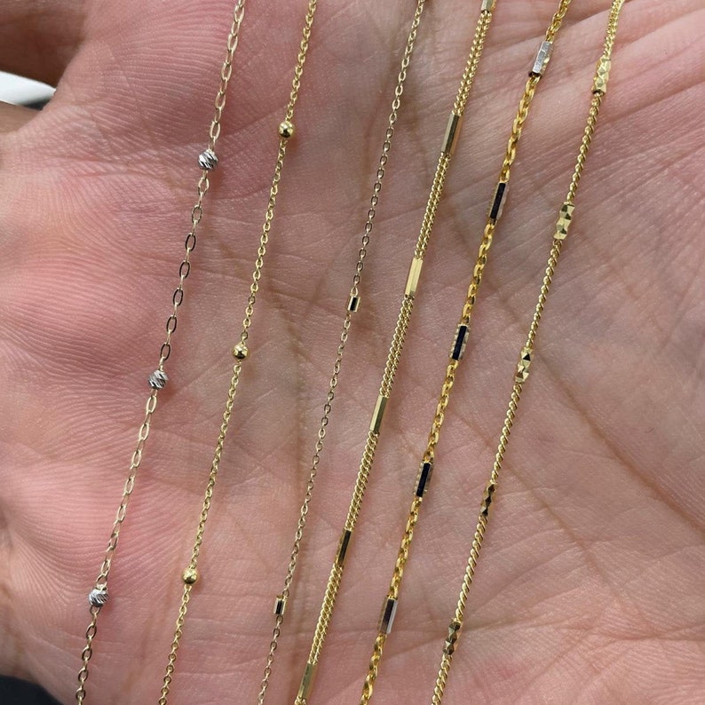 14K Solid Gold Beaded Necklace Diamond Cut Cable Chain Gold Etsy