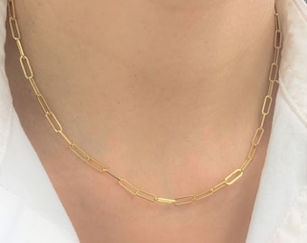 14K Solid Gold Paperclip Necklace 3.3mm,Adjustable Necklace, Rectangular link,Layering Necklace,Everyday Chain,Link Necklace, Best Gift Sale