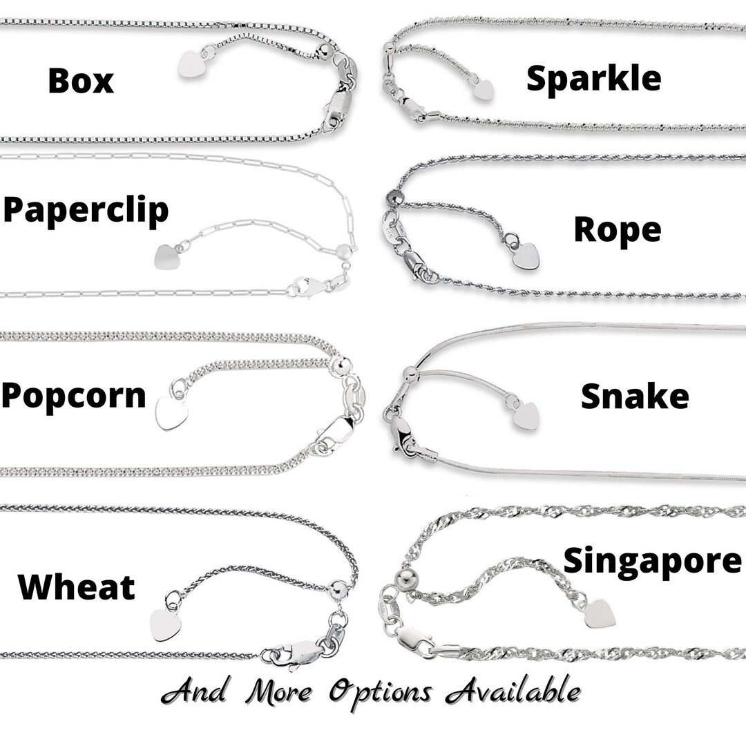 14K Solid White Gold Adjustable Necklaces, Box, Cable, Paperclip, Wheat