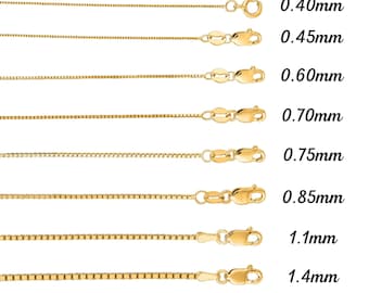 Solid 14K Real Yellow Gold Box Link Necklace Pendant Chain 0.40mm, 0.45mm, 0.60mm, 0.75mm 0.85mm, 1.1mm Thin Dainty Pendant Charm chain,Gift