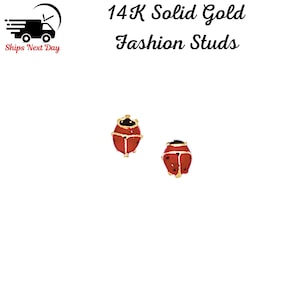 14K Gelb Gold Emaille Ohrstecker, Marienkäfer Ohrstecker, Kleinkind Ohrringe, hypoallergen, kleine Mädchen, Kinder zurückschieben Ohrringe,