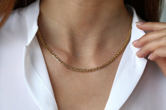 Solid 14K Yellow Gold Mariner Link Chain Necklace, Thick Gold