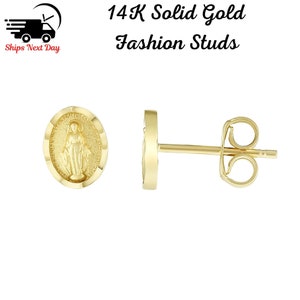 14K Solid Yellow Gold Virgin Marry Stud Earrings, Virgin Marry Earrings, Miraculous Earrings, Catholic Jewelry, Gold Coin Jewelry, Religious