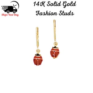 14K Massiv Gelb Gold Emaille Ohrringe, Marienkäfer Ohrringe, Kleinkind Ohrringe, hypoallergen, kleine Mädchen, Kinder Push Back Ohrringe