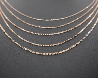 14K Solid Rose Gold Cable Link Chain Necklace 0.80mm, 0.90mm, 1.1mm, 1.3mm Thin Dainty High Polished Pendant / Charm Chain, Body Chain