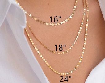 Solid 14K Gold Necklace Choker Mirror Link Chain, Ladies Dainty Gold Sparkle Chain, Glitter Necklace, Layer Necklace, Body Jewelry, Gift
