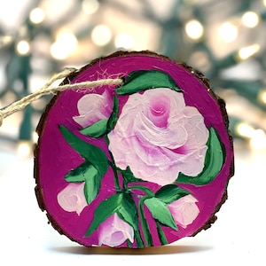Pink Rose Wooden Ornament Hand Painted B