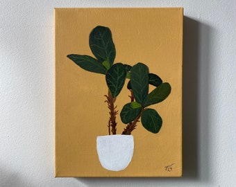 Little Things Painting - "Gladys" Original Plant Painting, Acrylic on Canvas, 9" x 12" Fiddle Leaf Fig on Yellow Background