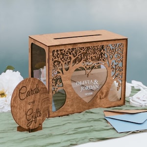 Scatola per biglietti di matrimonio con fessura, Scatola per biglietti per albero genealogico per matrimonio, Decorazioni rustiche per matrimoni 2b1, Salvadanaio in legno per ricevimenti personalizzato per carte