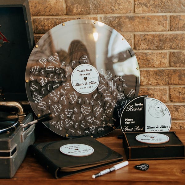 Livro de assinaturas alternativo em vinil para casamento, livro de assinaturas personalizado em madeira para decoração de casamento 2b1Wedding