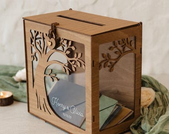 Wedding Card Box, Reception Wooden Personalized Money Box for Cards with lock Family Tree Post Box, 2b1Wedding Decor