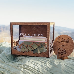 Wedding Card Box, Mountain Shape Card Box with Slot for Wedding, Rustic 2b1Wedding Décor, Reception Wooden Personalized Money Box for Cards