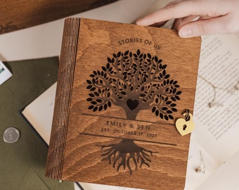Family Tree Wood Memory Book Box, Keepsake Chest, Personalized Valentines Day Gift for Couples, 5th Anniversary Gift, Wedding Gifts