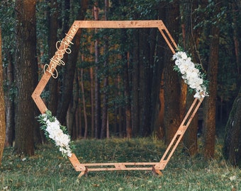 Hexagon Wedding Arch, Wooden Arch for Outdoor Ceremony, Personalized Wedding Arch, Ceremony Arbor, Rustic Wedding Backdrop