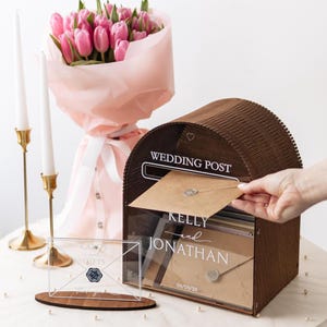 Boîte pour cartes postales de mariage, Boîte pour cartes impression acrylique avec fente, Tirelire de réception personnalisée en bois pour cartes, Décoration de mariage rustique 2b1