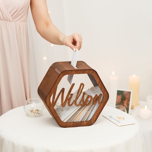Scatola di carte esagonale per matrimoni personalizzata, scatola di carte per matrimoni, scatola di diserbo in legno, decorazioni nuziali, decorazioni per matrimoni rustiche, scatola di memoria