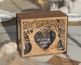 Wedding Card Box, Family Tree Card Box with Slot for Wedding, Rustic 2b1Wedding Décor, Reception Wooden Personalized Money Box for Cards