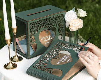 Wedding Guest Book and Card Box, Personalized Green Wood Reception Signing Book, Family Tree Guestbook Photo Album, 2b1Wedding Decor