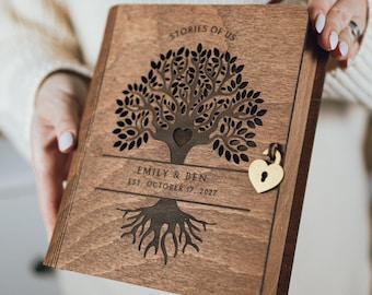 Wood Memory Book Family Tree, Keepsake Chest, Personalized Valentines Day Gift for Couples, 5th Anniversary Gift, Engagement Wedding Gift