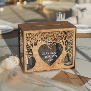 Hochzeitskartenbox, Stammbaum-Kartenbox mit Schlitz für Hochzeit, rustikale 2b1Wedding Décor, Empfang hölzerne personalisierte Spardose für Karten