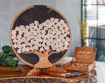 Alternativa del libro de visitas de la boda, libro de visitas del árbol genealógico de la boda - madera, decoración de la boda personalizada 2b1Wedding