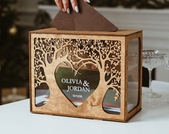 Porte-cartes de mariage, arbre généalogique avec fente pour mariage, décoration de mariage rustique 2b1, tirelire de réception en bois personnalisée pour cartes