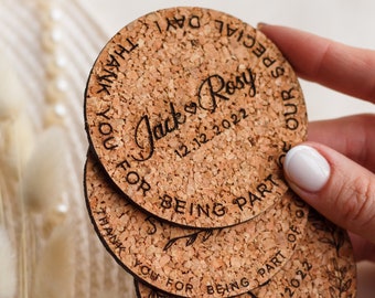Personalized Wedding Favors, Wedding Favors for Guests in bulk, Wedding Gifts, Engraved Cork Coasters, Wedding Thank You Card, Wedding Decor