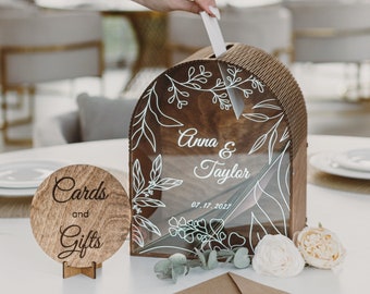 Boîte pour cartes de mariage avec fente, Boîte pour cartes en acrylique personnalisée avec impression, Tirelire de réception en bois pour cartes, Décoration de mariage rustique 2b1