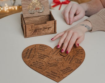 Rompecabezas de corazón personalizado en caja de madera, 20/12/28 Razones por las que te amo, Regalos del Día de San Valentín para ella, Regalos para novia/novio/marido