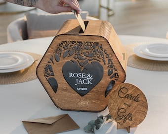 Boîte pour cartes de mariage avec fente, arbre généalogique personnalisé pour mariage, décoration de mariage rustique 2b1, tirelire de réception en bois pour cartes