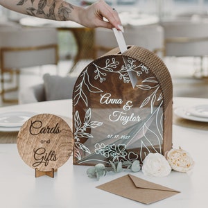 Boîte pour cartes de mariage avec fente, Boîte pour cartes en acrylique personnalisée avec impression, Tirelire de réception en bois pour cartes, Décoration de mariage rustique 2b1
