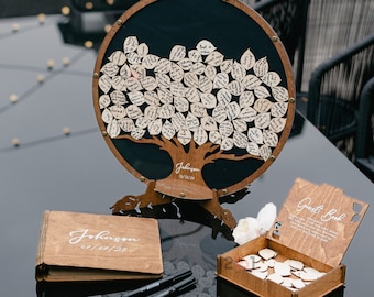 Alternative au livre d'or de mariage, feuilles d'arbre généalogique, livre d'or de mariage - bois, décoration de mariage personnalisée 2b1Wedding