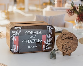 Boîte pour cartes de mariage personnalisée avec verre acrylique, Boîte pour cartes avec fente pour mariage, Boîte à mémoire en bois pour cartes et cadeaux, 2b1 Décoration de mariage