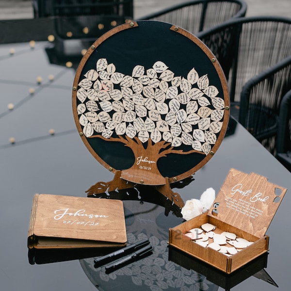 Alternativa al libro degli ospiti per matrimonio, libro degli ospiti con foglie dell'albero genealogico - Legno, decorazioni per matrimonio personalizzate 2b1Wedding