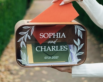 Personalized Wedding Card Box with slot, Card Box with Acrylic Glass for Wedding, Wooden Memory Box for Cards and Gifts, 2b1Wedding Decor