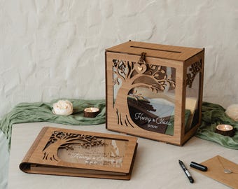 Wedding Guest Book and Card Box, Personalized Green Wood Reception Signing Book, Family Tree Guestbook Photo Album, 2b1Wedding Decor