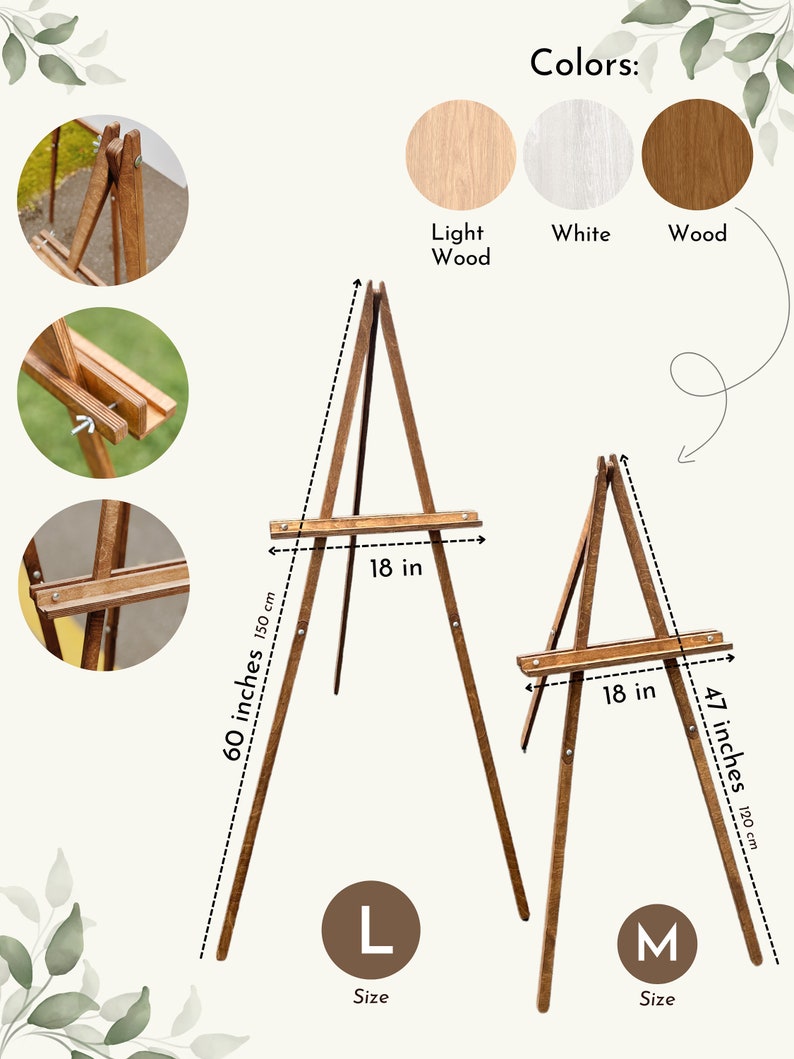 May include: Two wooden easels, one large and one small, with adjustable heights. The larger easel is 60 inches tall and the smaller easel is 47 inches tall. Both easels are made of natural wood and have a simple, classic design.
