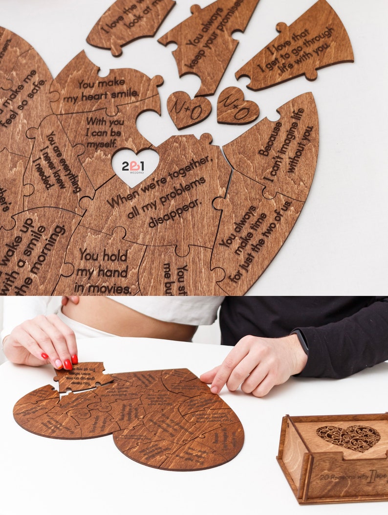 Puede incluir: Un rompecabezas de madera en forma de coraz&oacute;n con 20 piezas, cada pieza grabada con un mensaje rom&aacute;ntico. El rompecabezas viene en una caja de madera con un recorte en forma de coraz&oacute;n.