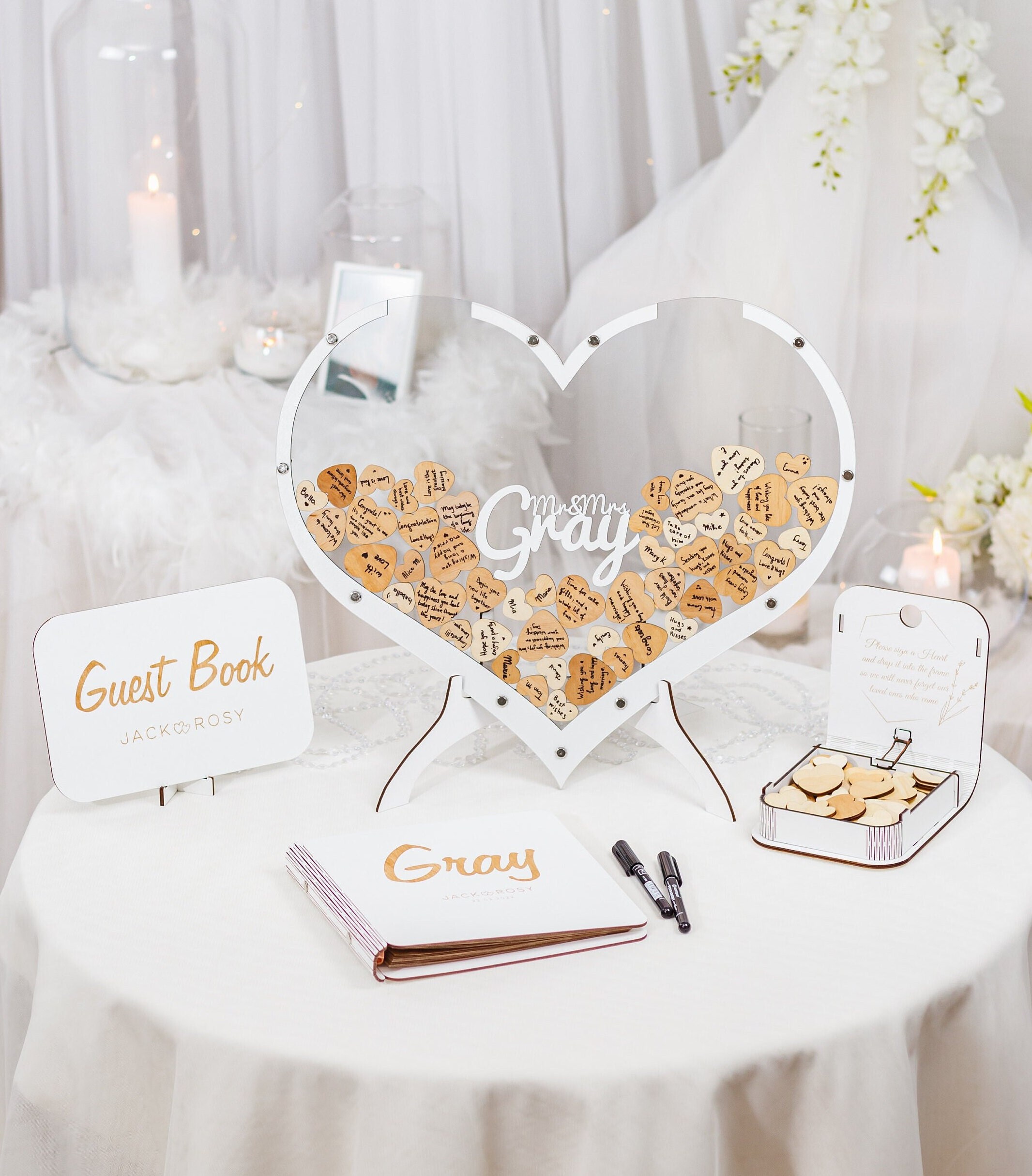 Colingmill Wooden Wedding Guest Book Alternative With 100 Wood Hearts Chips, Drop Box And Pen Eucalyptus Leaves Theme Heart Picture Frame Rustic Wedding Guest Book Decor For Reception Ceremony(Wood