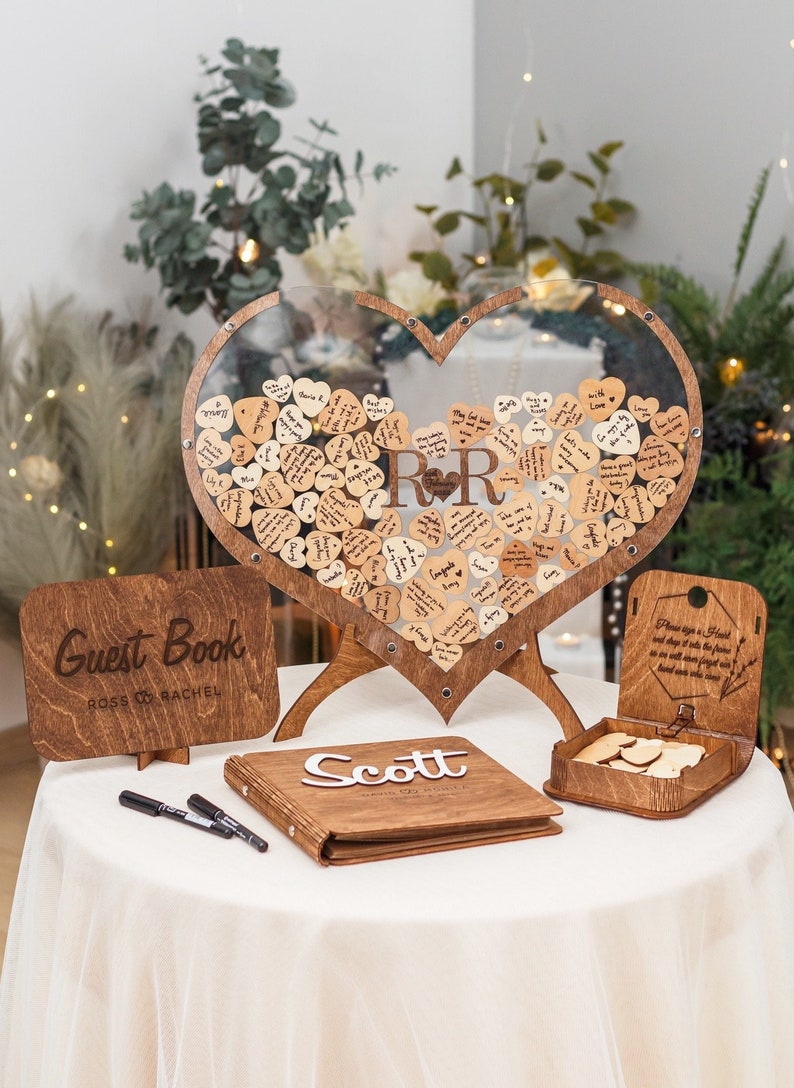 Wedding Guest Book Alternative Heart Form, Personalized Wedding Sign, Anniversary Gift, Custom Wooden GuestBook, Boho Rustic Wedding Decor image 1