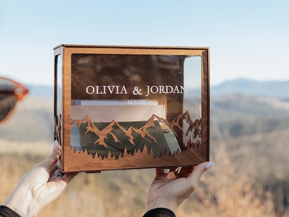 Mountain Shape Card Box with Slot for Wedding, Wedding Post Card Box, 2b1Wedding Décor, Reception Wooden Personalized Money Box for Cards
