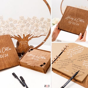 Puede incluir: Un libro de visitas de madera con un dise&ntilde;o de &aacute;rbol y los nombres "Henry & Chloe" y la fecha "12/12/24" grabados en la portada. El libro est&aacute; abierto para revelar una p&aacute;gina en blanco con un bol&iacute;grafo.