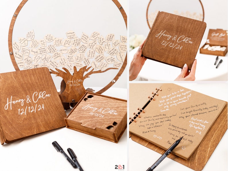 Alternativa del libro de visitas de la boda, libro de visitas del árbol genealógico de la boda madera, decoración de la boda personalizada 2b1Wedding imagen 3