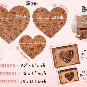 Puede incluir: Un rompecabezas de madera en forma de coraz&oacute;n con 28 razones grabadas en &eacute;l. El rompecabezas viene en una caja de madera con un recorte en forma de coraz&oacute;n. El rompecabezas est&aacute; disponible en tres tama&ntilde;os: 9.5 pulgadas por 8 pulgadas, 12 pulgadas por 11 pulgadas y 15 pulgadas por 13.5 pulgadas.