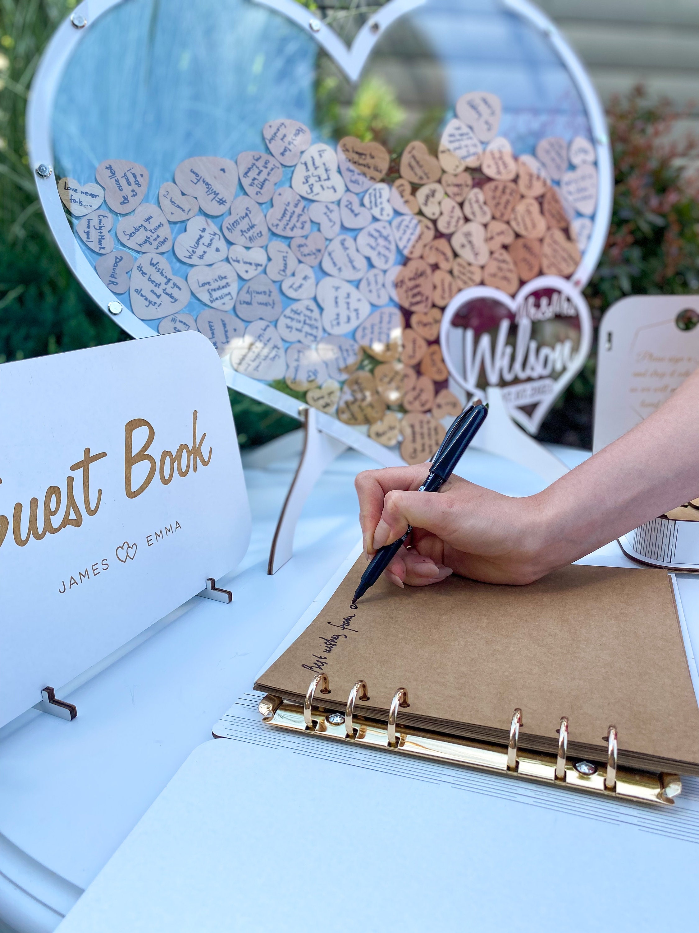 Libro Degli Ospiti A Forma Di Cuore Per Matrimonio – Scatola Portadesideri In Legno Con Cuori, Decorazione Rustica Alternativa Con Supporto O Da Parete, Regalo Emozionale Per Nozze (B-blu) - 6